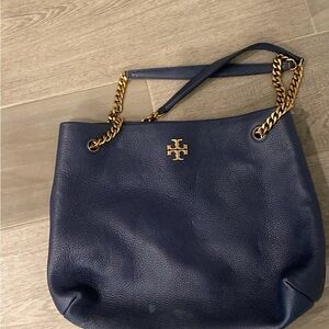 Tory Burch Navy Blue Shoulder Bag with Gold Chain